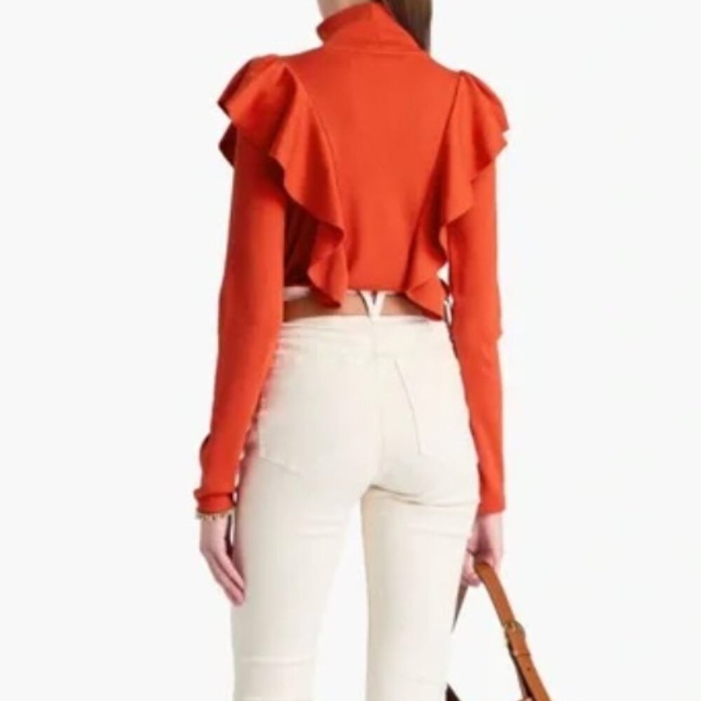 VERONICA BEARD Freida Ruffled Stretch-Pima Cotton Turtleneck Chocolate Size Lrg